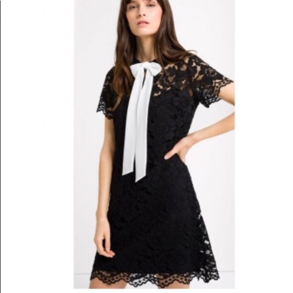 Sandro black lace with black slip&white bow dress